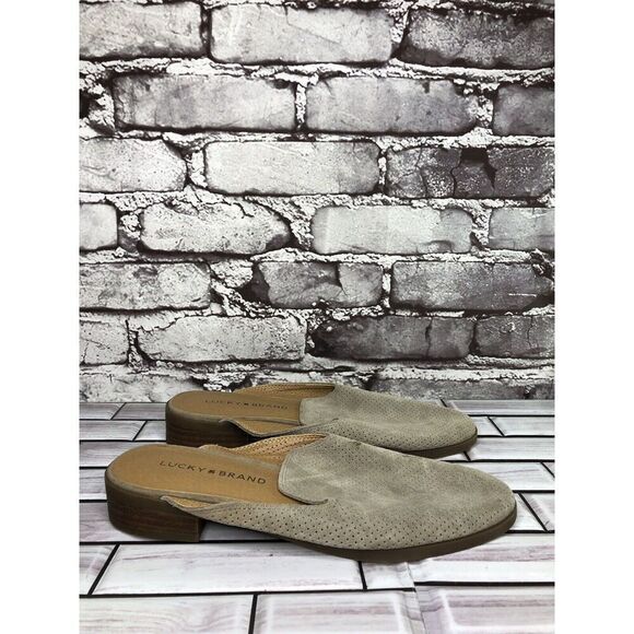 Lucky Brand Coryna Taupe Suede Leather Slip On Mules Flats Women Sz 7M US/37.5EU - Picture 1 of 16